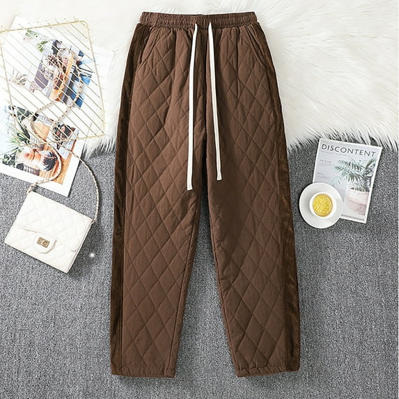 kakina CMSX Women's Cotton Pants Elastic Waist Straight Quilted Pants Fall Winter Plaid Loose Fit Thick Elastic Waist Drawstring Trousers Pants with Pockets
