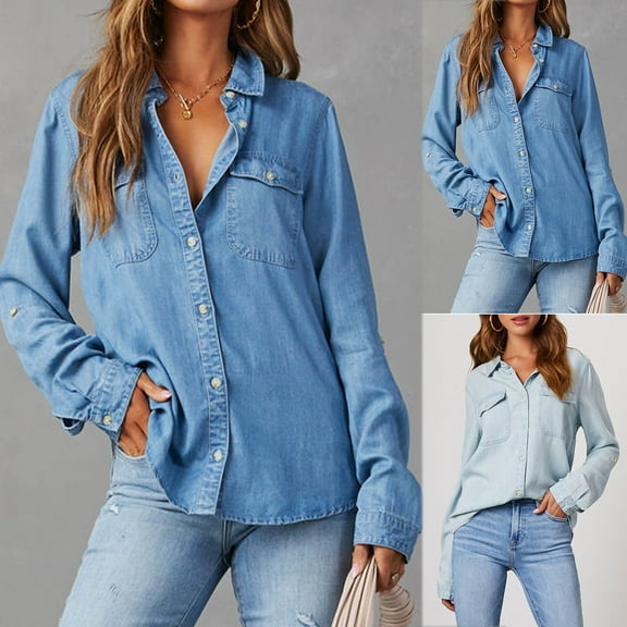 kakina CMSX Women's Denim Shirts,Casual Fashion Long Sleeve Shacket Jackets Long Sleeve Button Down Turndown Collared Comfortable Jean Shirt