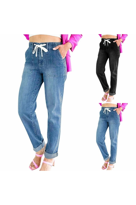 Women's Fashion Classic Jeans Clearance,Pull-On Drawstring Joggers Casual Jeans Casual Straight Pants Jeans with Pocket