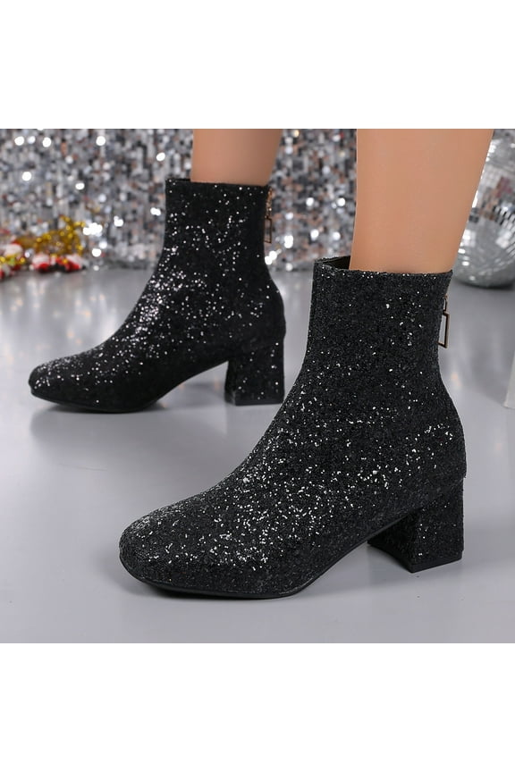 Women's Fashion Sequin Glitter Ankle Boots,Casual Classic High-heel Plus Size Chunky Heels Sparkly Round Toe Ankle Boots7.5(40)