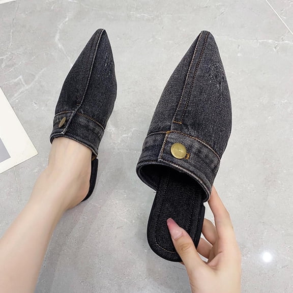 kakina CMSX Women's Flat Mules Closed Pointed Toe Backless Slip-On Loafers,Ladies Fashion Denim Baotou Clogs Half Slides Cap-Toe Solid Color Leopard Sandal9.5(41)