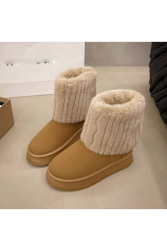 Women's Furry Faux Fur Boots,Fuzzy Mid Calf Snow Boots Round Toe Suede Warm Fur Lined Boots Platform Flat Comfortable Outdoor Winter Fashion Boots 8.5(41)