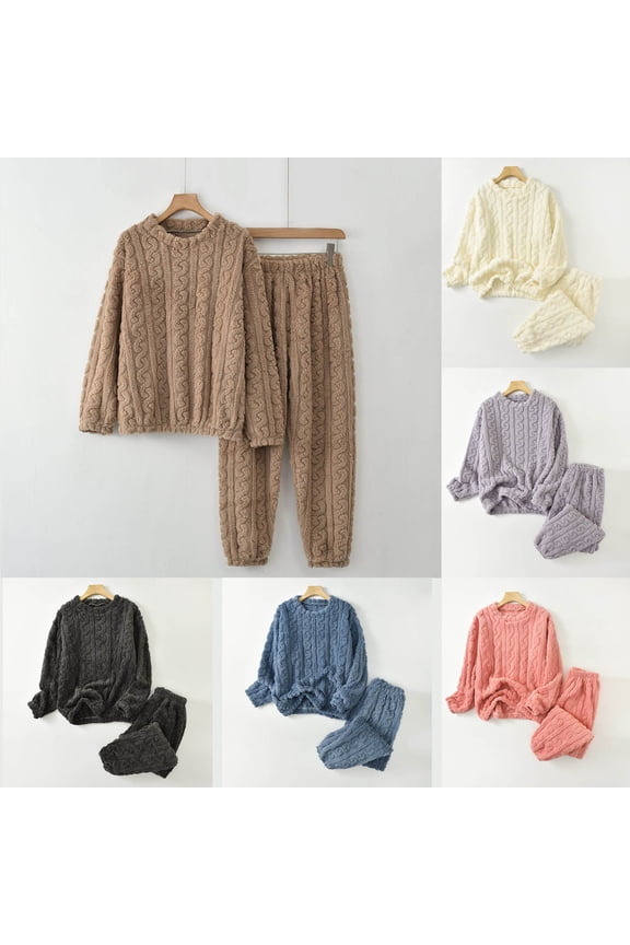 Women's Fuzzy Pajamas Sets,Casual Crewneck Pullover Fleece Pants 2 Piece Pajamas Set Flannel Underwear Fluffy Sleepwear Loungewear