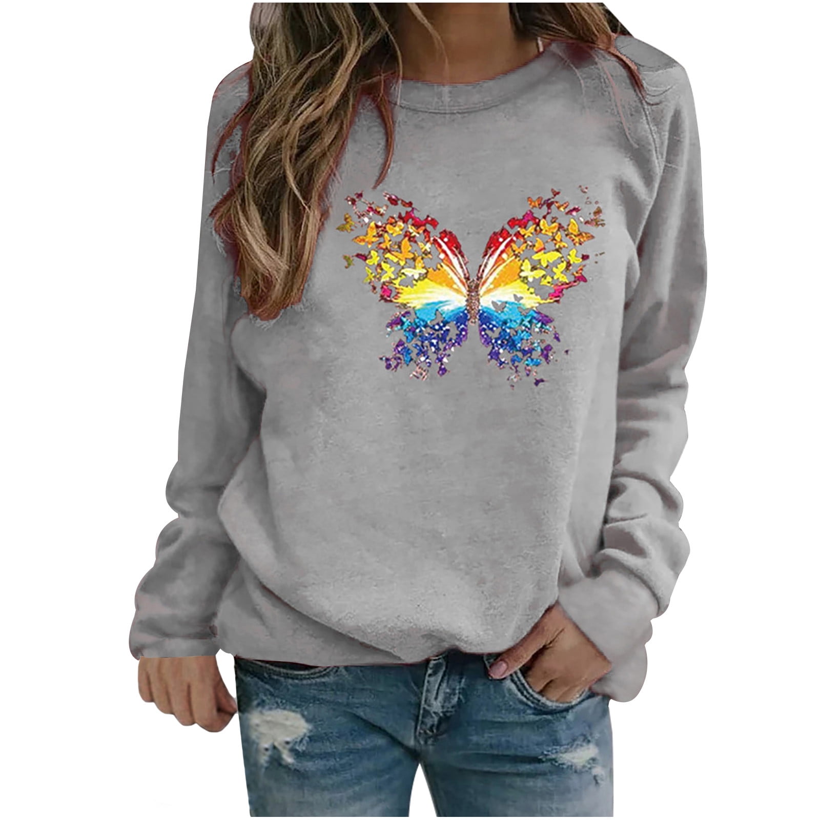 kakina CMSX Women's Graphic Tee Winter Tops Ladies Butterfly Print  Sweatshirt Blouse Tee Sweater Gray, M - Walmart.com