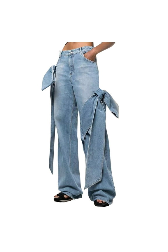 Womenâs Jeans Sexy High Waist Design Bow Knot Jeans Fashion Washed Patchwork Streetwear Pants Straight Wide Leg Jeans Pants
