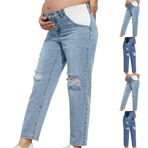 kakina CMSX Women's Maternity Casual High Waist Zipper Ripped Jeans Pants Sports Pants Trousers Mom Fit Denim Pants for Women Clothing