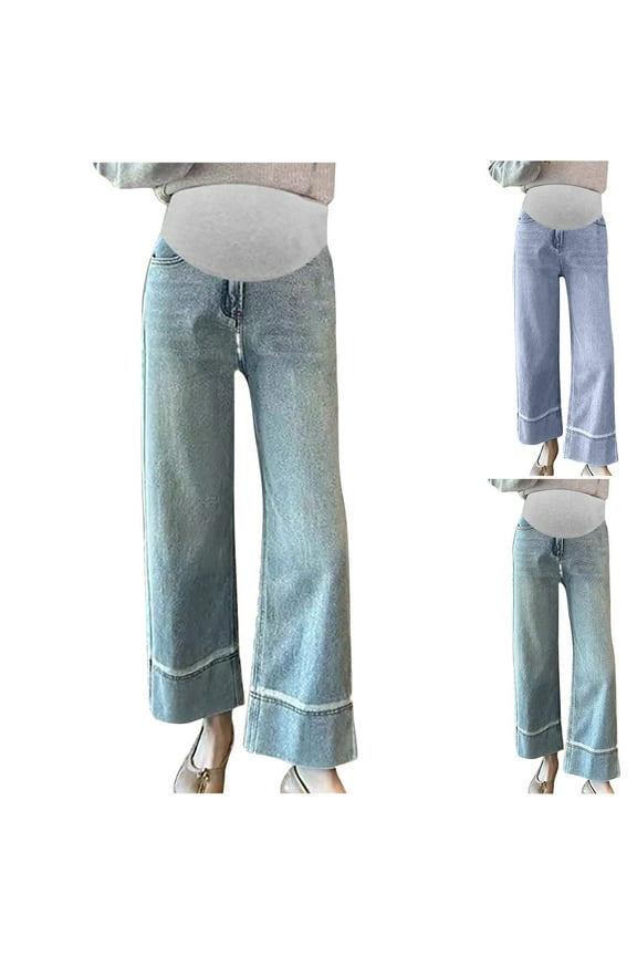 Women's Maternity High Waist Jeans Pants Wide Leg Anti-Slip Loose Fit Pant Over Belly Jeans Length Pants with Pockets