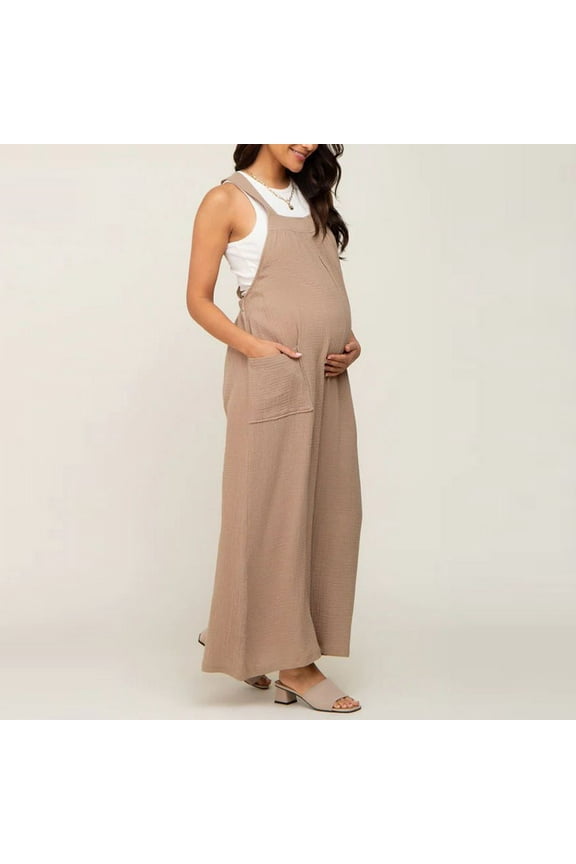Women's Maternity Straps Sleeveless Pants Casual Wide Leg Jumpsuit Square Neck Sleeveless Casual Loose Solid Color Cotton Linen Baggy Overalls with Pocket