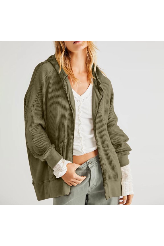 Women's Oversized Zip Up Hoodies Waffle Knit Jacket,Fashion Casual Loose Comfortable Zipper Solid Color Long Sleeve Outerwear with Pockets