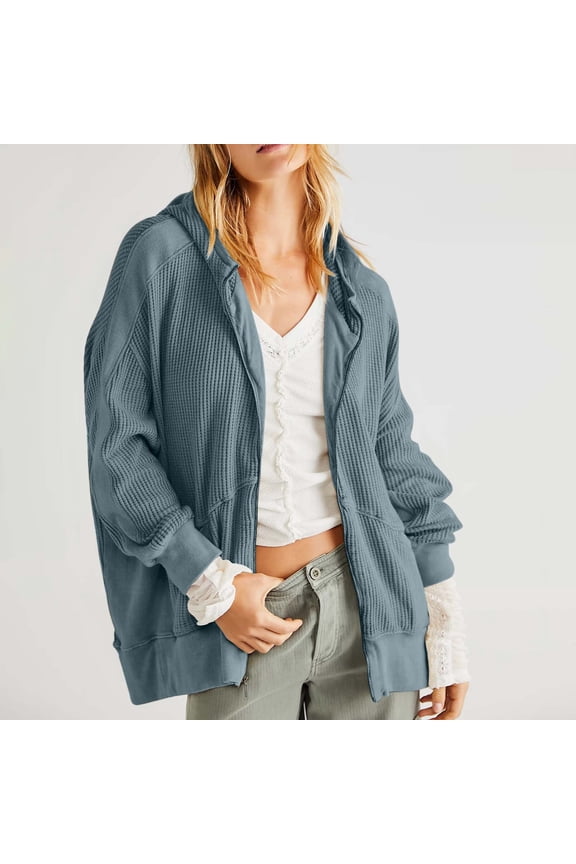 Women's Oversized Zip Up Hoodies Waffle Knit Jacket,Fashion Casual Loose Comfortable Zipper Solid Color Long Sleeve Outerwear with Pockets