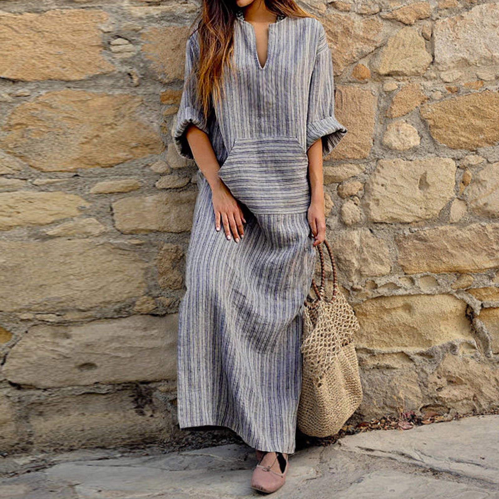 knee length dresses for ladies Ivory Striped Linen Smocked Short Puff Sleeve Plus Midi Dress main image 1
