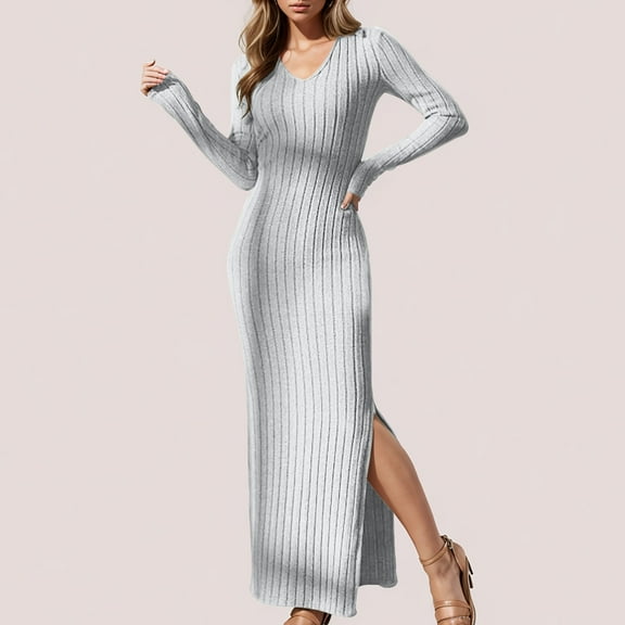 kakina CMSX Women's Ribbed Knit Sweater Dresses,Long Sleeve V-Neck Solid Color Maxi Dress Slit Thigh Ribbed Knit Bodycon Dresses