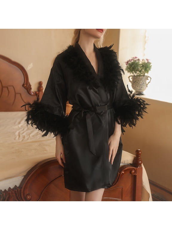 Women's Sexy Satin Feathered Robe Clearance,Fashion Short Ruffle Hem Silky Robes Lightweight Brides Bathrobes Sleepwear