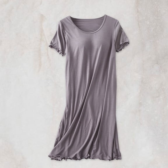 kakina CMSX Women's Soft Nightgown Frilly Sleep Dress,Summer Short Sleeve Fashion Short Sleeve Solid Color Round Neck Comfy Sleepwear with Built in Shelf Bra Home Dress Pajama