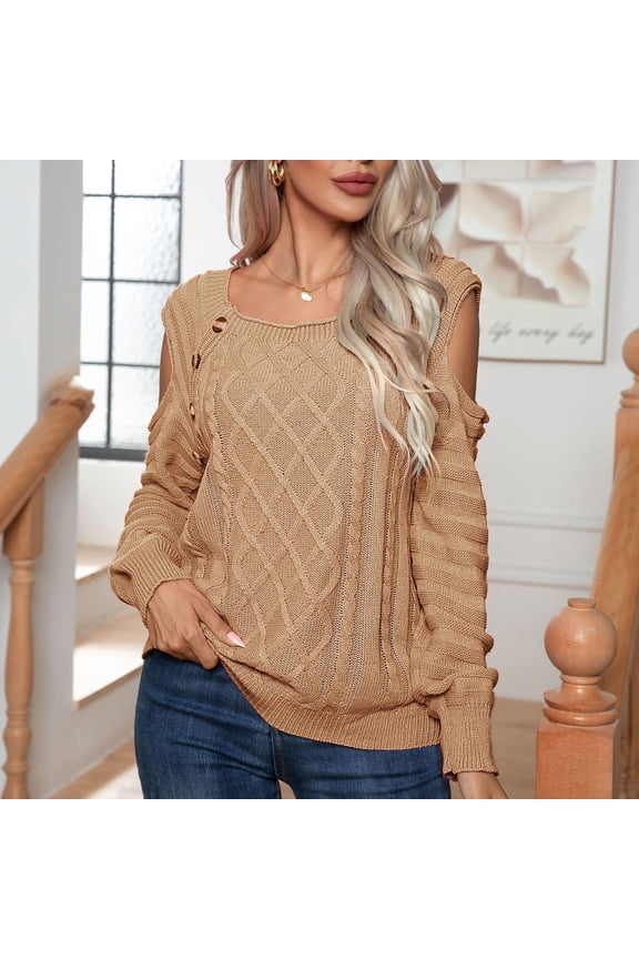 Women's Solid Color Loose Sweater Oversized Round Neck Jumper Cable Knit Button off Shoulder Long Sleeve Side Split Sweater Tops