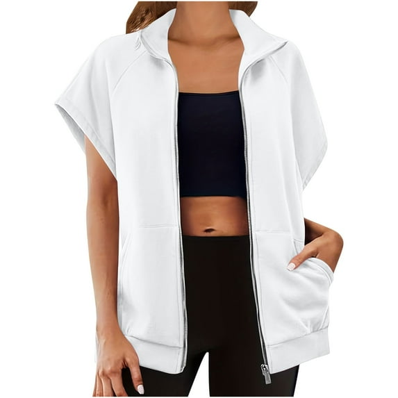 kakina CMSX Women's Zip Up Sweatshirts Sleeveless Fashion Oversized Casual Solid Color Sweatshirt with pockets