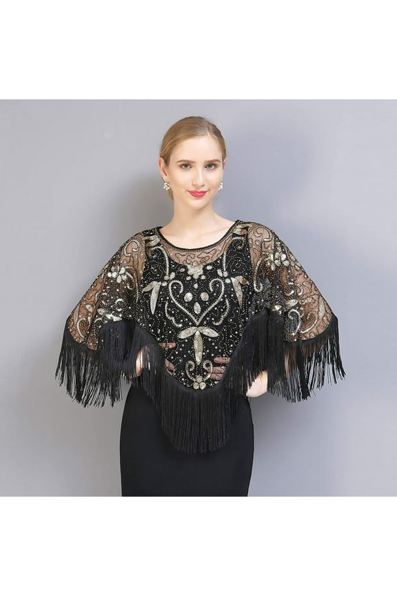 Womens Blouses and Tops , Women's 1920s Shawl Beaded Sequin Deco Evening Cape Bolero Flapper Cover up C,
