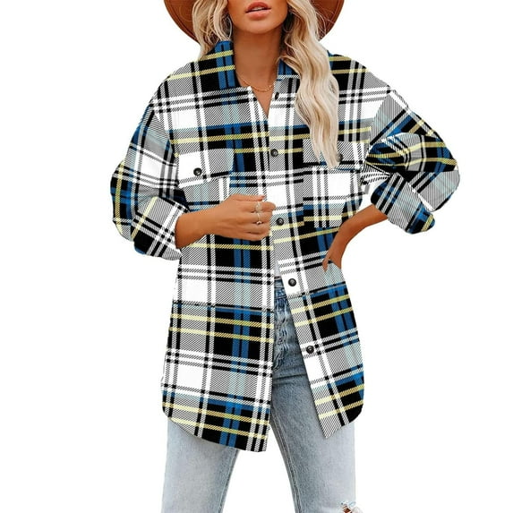 kakina CMSX Womens Coats, Shacket Jacket Women Plaid Color Block Jacket Buttons Down Collar Plaid Shirts Loose Plus Size Flannel Jacket Blue, L