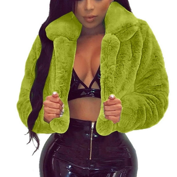 kakina CMSX Womens Coats, Women Coat Fluffys Fleece Turn-down Collar Faux Furs Top Short Loose Coat Green, XXL