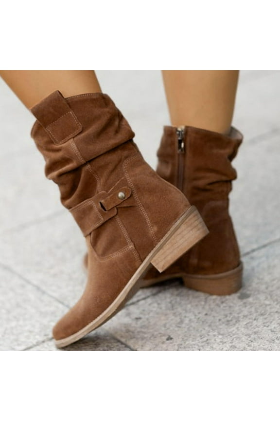 Womens Fashion Suede Cowboy Boots,Western Round Toe Suede Flat Womens Comfortable Boots Mid Calf Slouchy Winter Boots for Women 7(38)