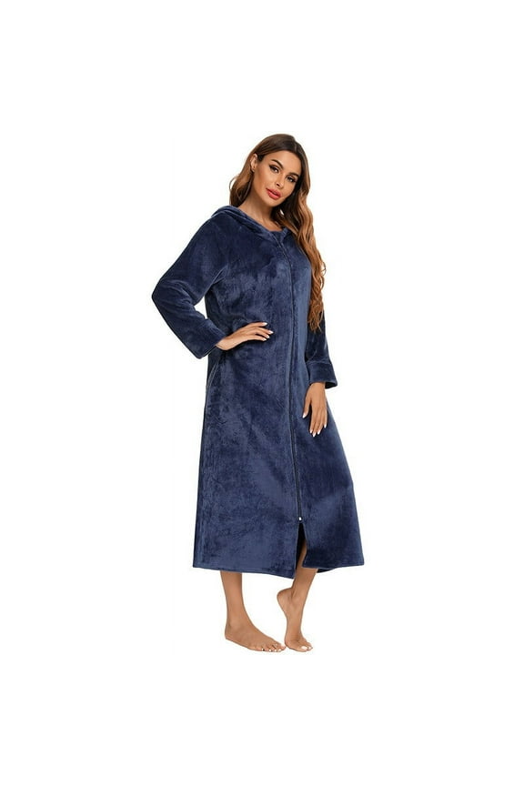 Womens Flannel Robe Pajama,Fleece Zip Up Front Robe Hooded Bathrobe Long Sleeve Solid Color Loungewear Dress Housecoat Nightwear Pajamas
