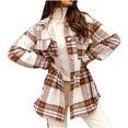 thumbnail image 1 of kakina CMSX Womens Jackets and Coats Clearance, Women's Lapel Tie Two-Tone Woolen Coat Plaid Shirt Blouse Khaki, XL, 1 of 8