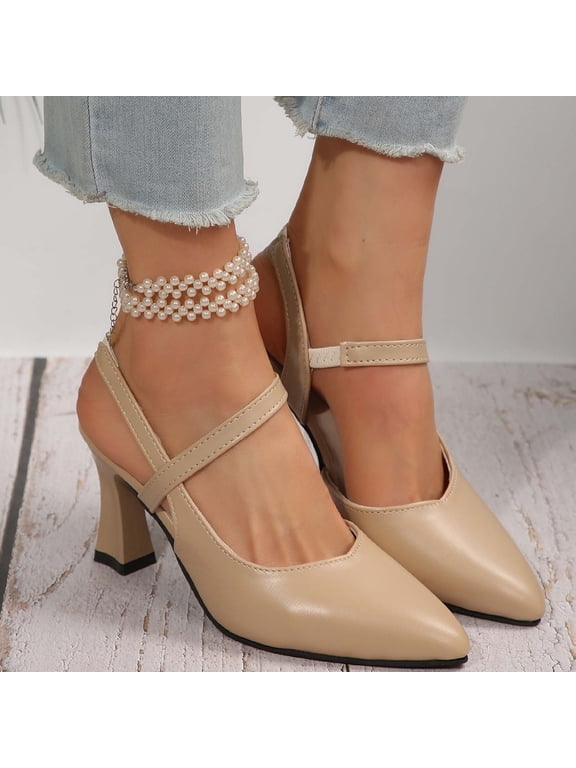 Womens Low Heels Closed Toe Dress Shoes Kitten Heel Pointed Toe Sexy Classic Comfortable Heeled Pumps Adjustable Ankle Strap