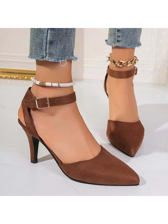 Womens Low Heels Closed Toe Dress Shoes Kitten Heel Pointed Toe Sexy Classic Comfortable Heeled Pumps Adjustable Ankle Strap