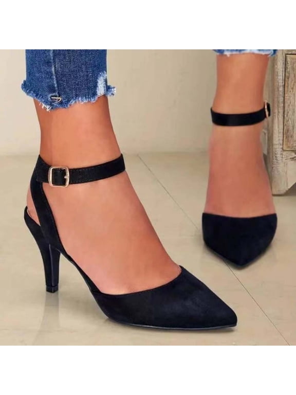 Womens Low Heels Closed Toe Dress Shoes Kitten Heel Pointed Toe Sexy Classic Comfortable Heeled Pumps Adjustable Ankle Strap