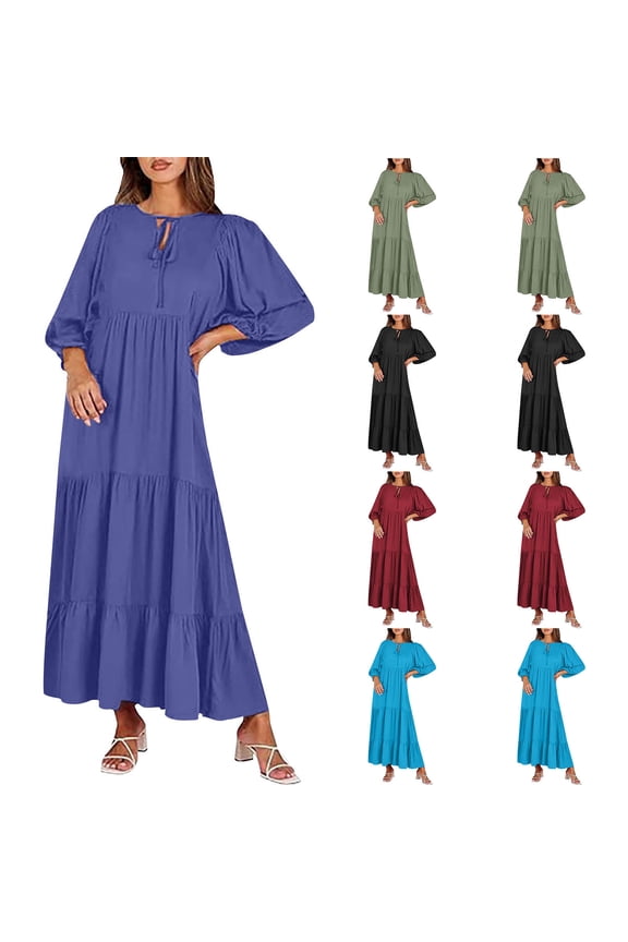 Womens Maxi Dresses 2024 Fashion Fall Winter V Neck Puff Sleeve Solid Color Long Sleeve Round Neck Flowy Swing Casual Long Dress