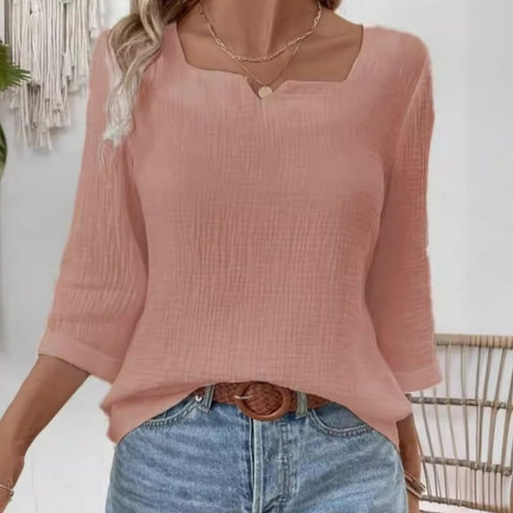 kakina CMSX Womens V-Neck Long Sleeve T-Shirts,Solid Color Casual Basic Tops Summer 2024 Tees Blouses Loose Fit Pullover 2024 Women's Clothes Tops