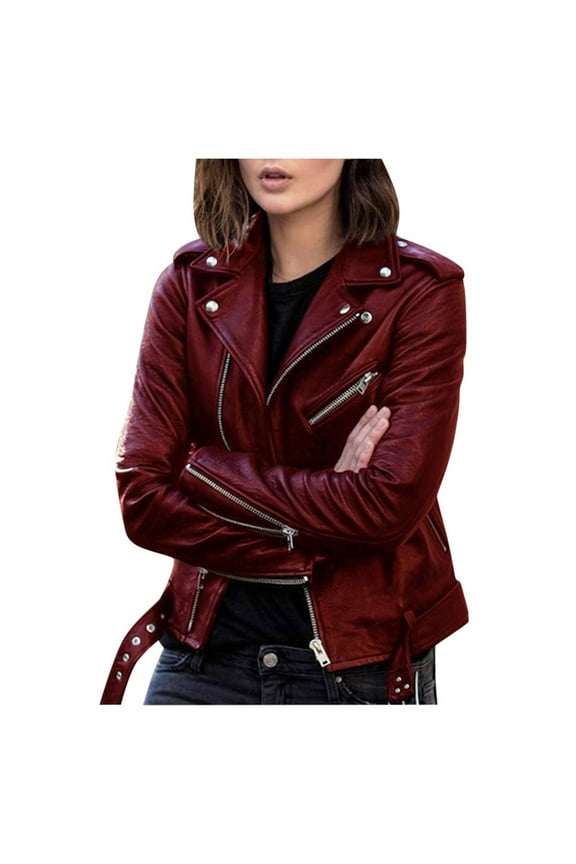 Womens Winter Coats, Women Cool Faux Leather Jacket Long Sleeve Zipper Fitted Coat Fall Short Jacket Wine, S