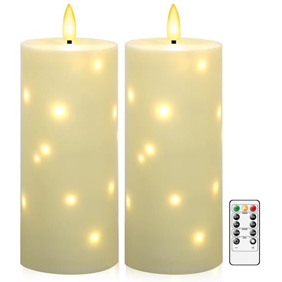 kakoya 10" x 4" Large Outdoor Waterproof Flickering Flameless Candles with Timer,2Pcs Battery Operated LED Pillar Candles with Embedded Star String for Outdoor Lanterns,Porch,Patio Decor(Ivory) C108