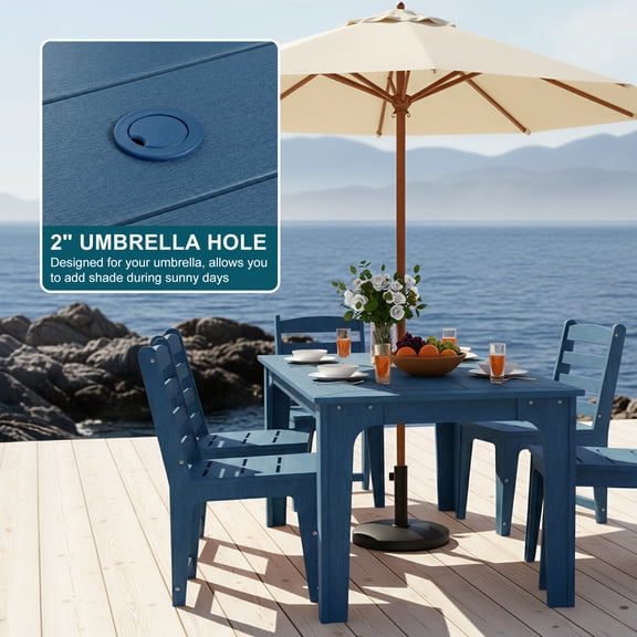 kaleemen 68.9" HDPE Outdoor Dining Table with Umbrella Hole , Never Sagging One-Piece Tabletop with Metal Support Bars for Poolside, Backyard, and Garden - Blue