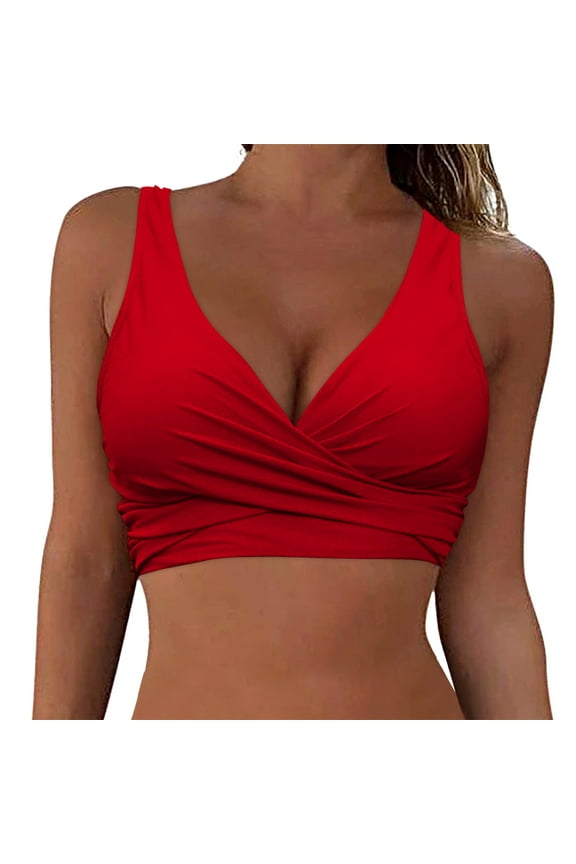 Bathing Suit Tops for Women Women's Beaded Halter Bikini Top(Red,M)