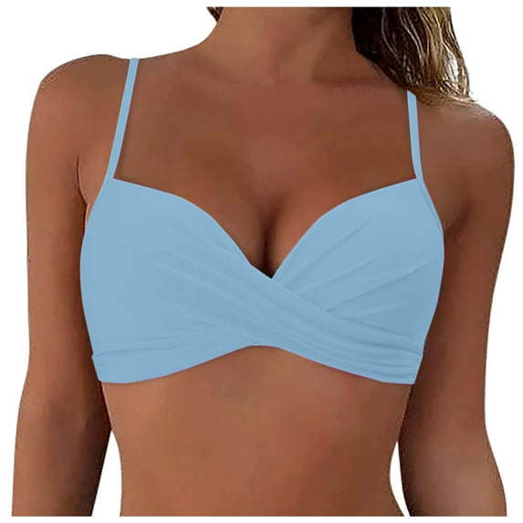 kamemir Bikini Top Womens V Neck Bikini Tops Twist Front Bathing Suit Tops Criss Cross Back Swim Top Padded(Light Blue,M)