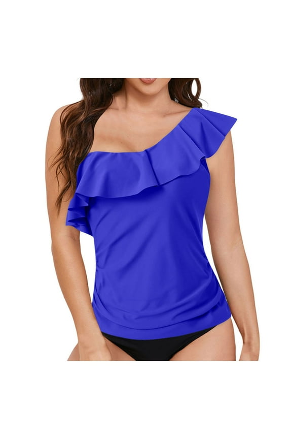 Bikini Tops Women's and Women's Plus Tiered Ruffle Tankini Top(Blue,XL)