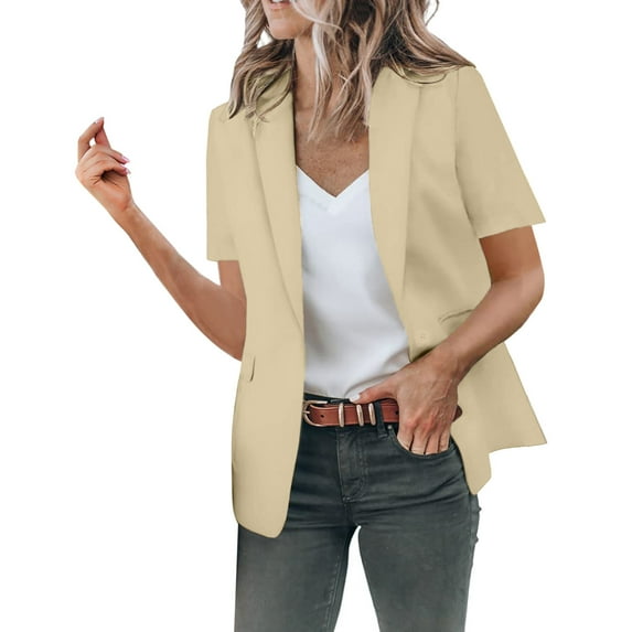 kamemir Blazer Jackets for Women Open Front Short Sleeve Casual Work Office Blazers(Brown,M)