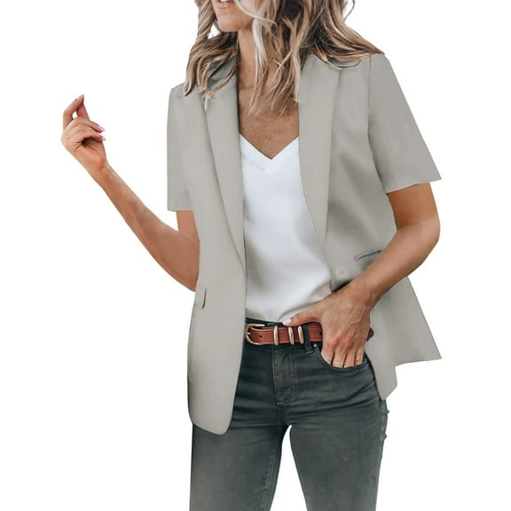 kamemir Blazer Jackets for Women Open Front Short Sleeve Casual Work Office Blazers(Gray,M)