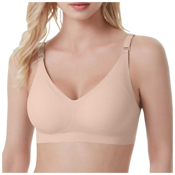kamemir Bralettes for Women Women's Bralette Wireless Padded Bra Top Sexy Everyday Basic Deep V-Neck Beige,L