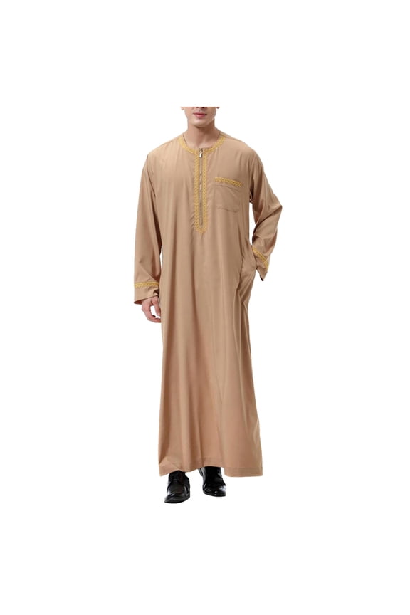 Button Up Shirt Men Mens Dress Robe Arab Middle Robe Long Sleeve Embroidered Pocket Long Shirt Robe Coat Shirt Mens Prayer Clothing(Brown,S)