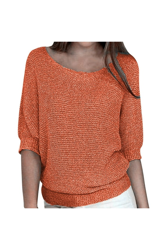 Cable Knit Sweater Women Round Neck Knit Sweaters Burnt Sweater Slit Sweater Women's 3/4 Sleeve Comfort Sweater Shirt(Orange,XXL)