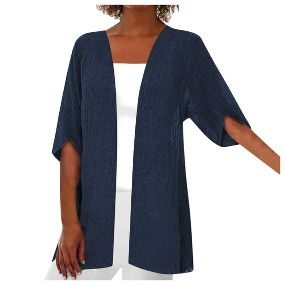 kamemir Cardigan Sweaters for Women Lightweight Women's 2025 Knit Cardigan Sweaters Long Sleeve Open Front Button Down Crew Neck Tweed Jackets(Navy,3XL)