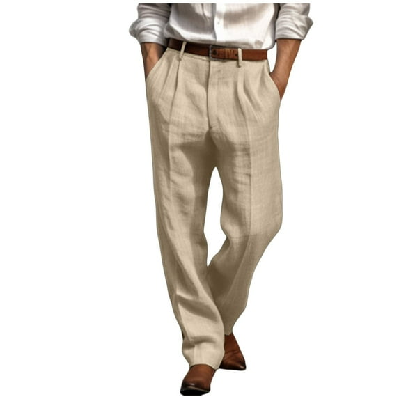 kamemir Casual Pants Men Men Linen Pants Pleated Front Trouser Solid Color Linen Trouser Casual Pants Loose Fit Straight Leg Suit Trousers(Khaki,3XL)