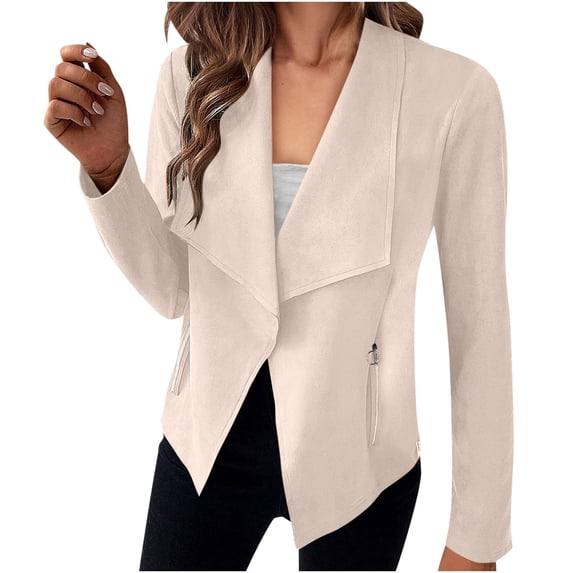 kamemir Coat Women Women's Suede Jackets 2024 Fall Clothes Long Sleeve Open Front Cropped Coat Outwear(Beige,XL)