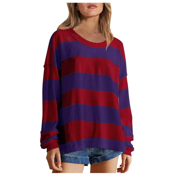 kamemir Color Blocked Sweatshirts for Women Oversized Loose Fit Y2k Drop Shoulder Pullover Casual Striped Long Sleeve Shirts Tops(Brick Red,S)