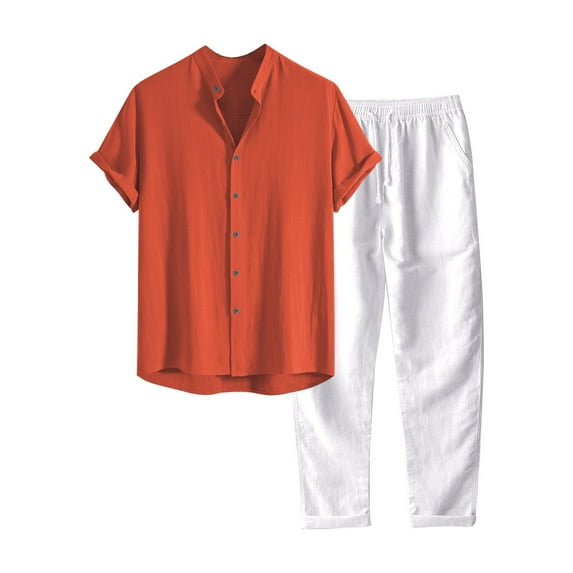 kamemir Cotton Linen Sets for Men 2 Piece Short Sleeve Button Down Shirt and Pants Suit Casual Loose Summer Beach Yoga Outfit(Orange,XL)