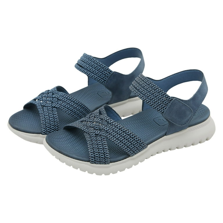 blue dress sandals low heel Kamemir Womens Wedge Sandals Flower Dressy Sandals Elastic Ankle Strap Rhinestone Summer Comfortable Shoe(Blue,9), Women's Built with eFlex Technology