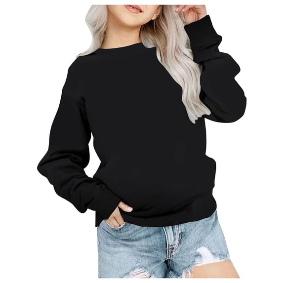 kamemir Girls' Fashion Hoodies & Sweatshirts Girls Crewneck Sweatshirt Long Sleeve Pullover Tops Drop Shoulder Sweatshirts Side Split for 5-14 Years(Black,18-24 Months)