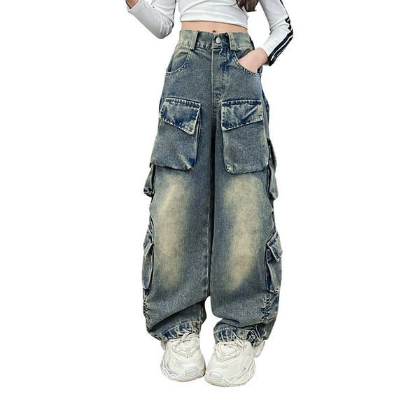 kamemir Girls Jeans Elastic Wide Leg Pants Kids Jeans(Blue,7-8Y)
